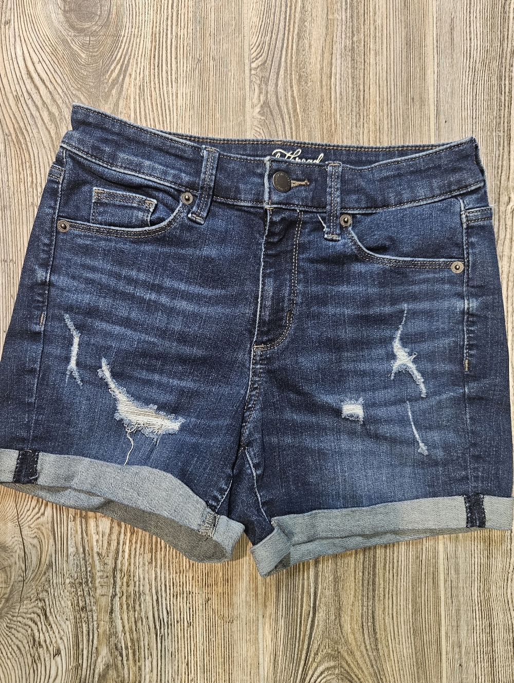 Universal Thread Dark Blue Distressed Denim Roll-Cuff Shorts Universal Threads
